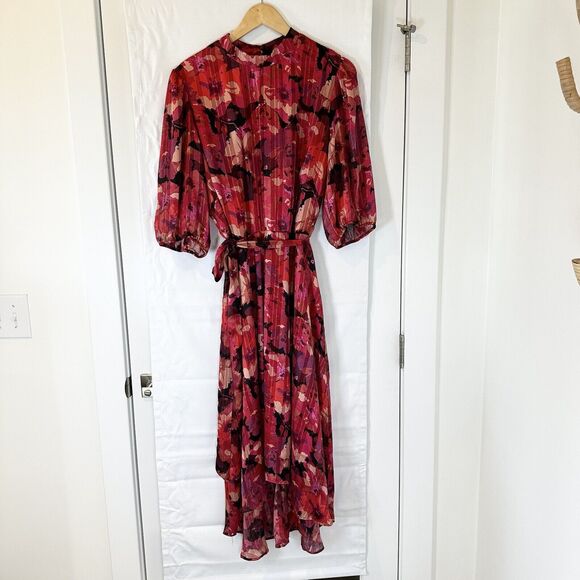 Lane Bryant Dresses & Skirts - Lane Bryant Dress 18 Red Floral Balloon Sleeve 80s Midi High Low Party Wedding